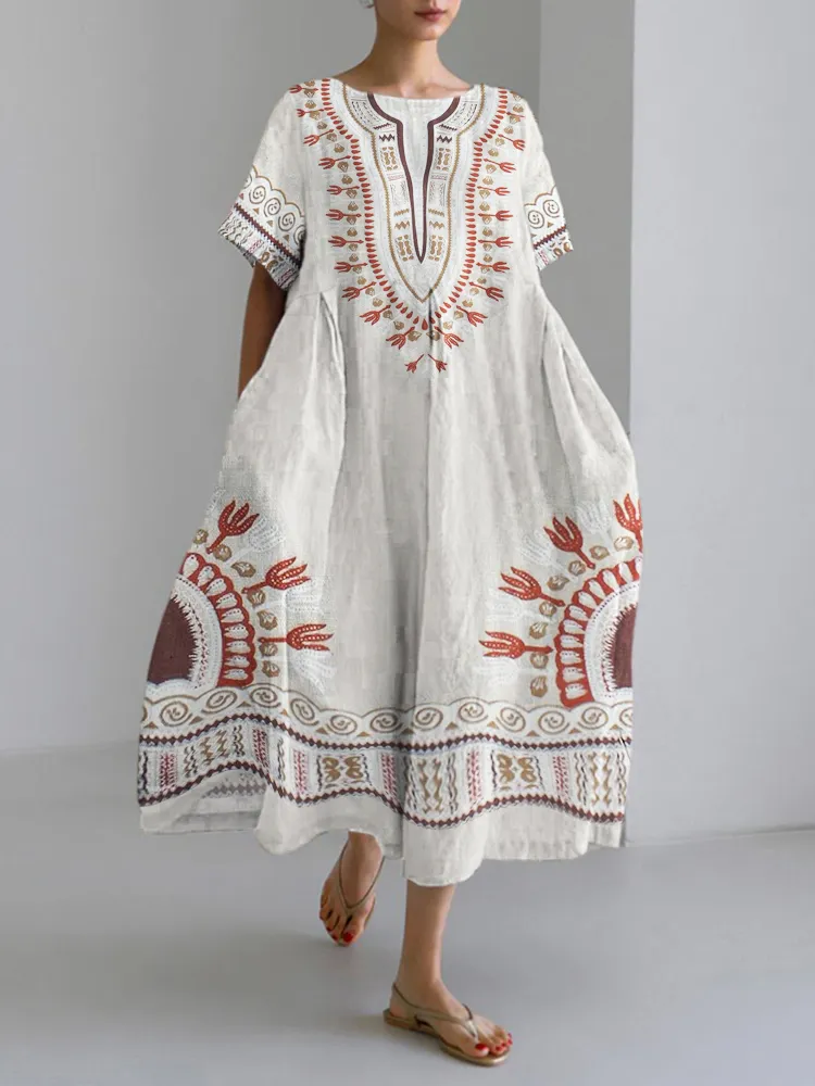 Classic Ethnic Pattern Bohemian Print Women's Linen Maxi Dress