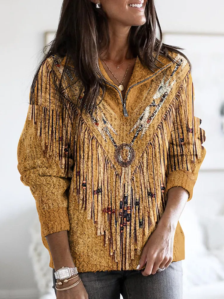 Vintage Tribal Tassels Geometric Pattern Lapel Sweater