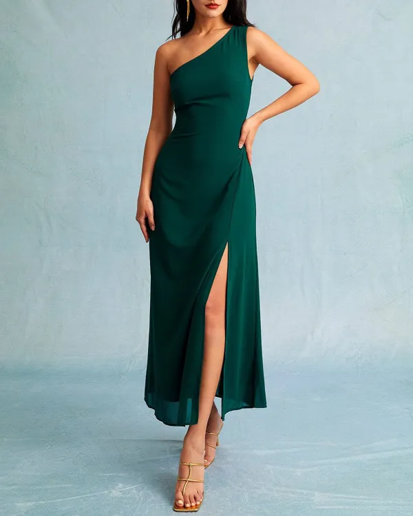 Dark green slash neckline dress