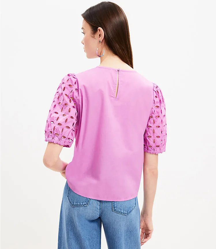 Poplin Eyelet Puff Sleeve Blouse