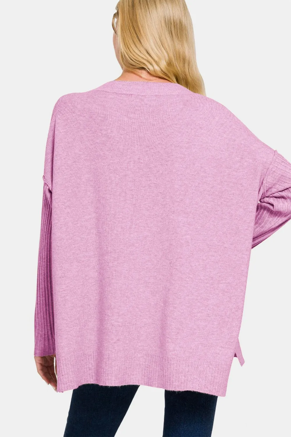 V-Neck Side Slit High-Low Sweater - Mauve