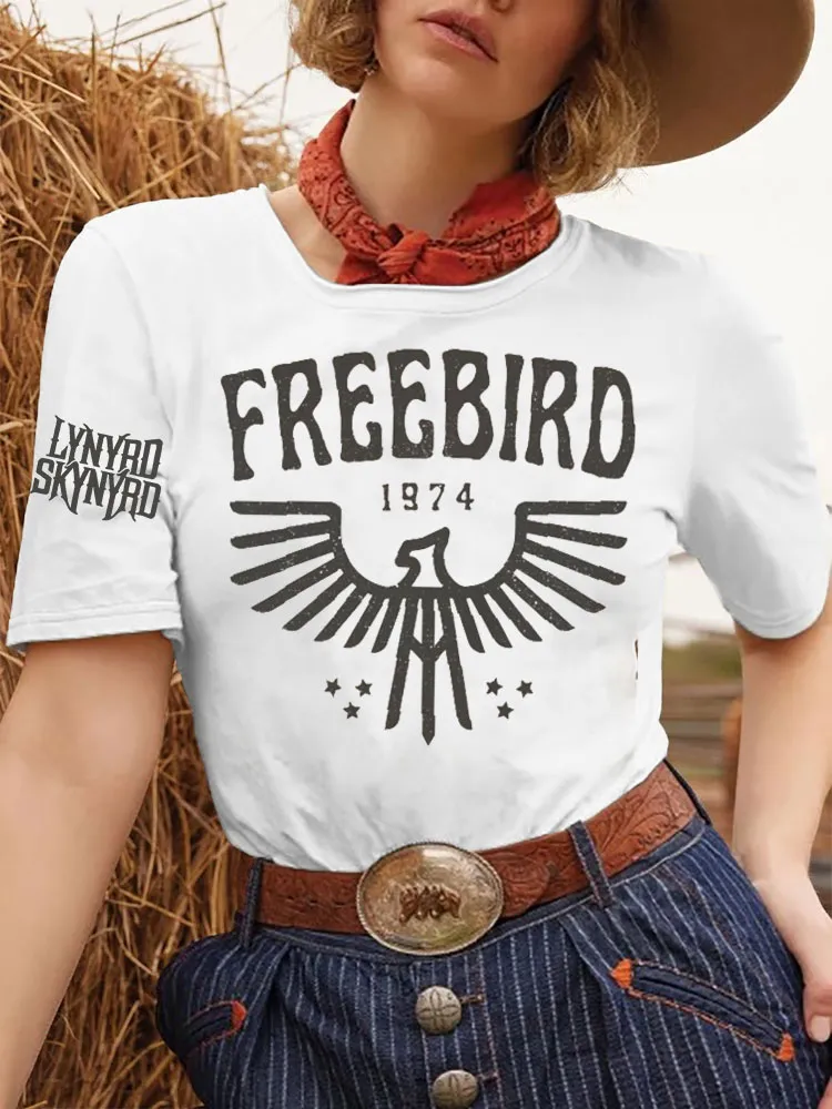 Women's Retro Rock Band Free Bird Printed T-shirt