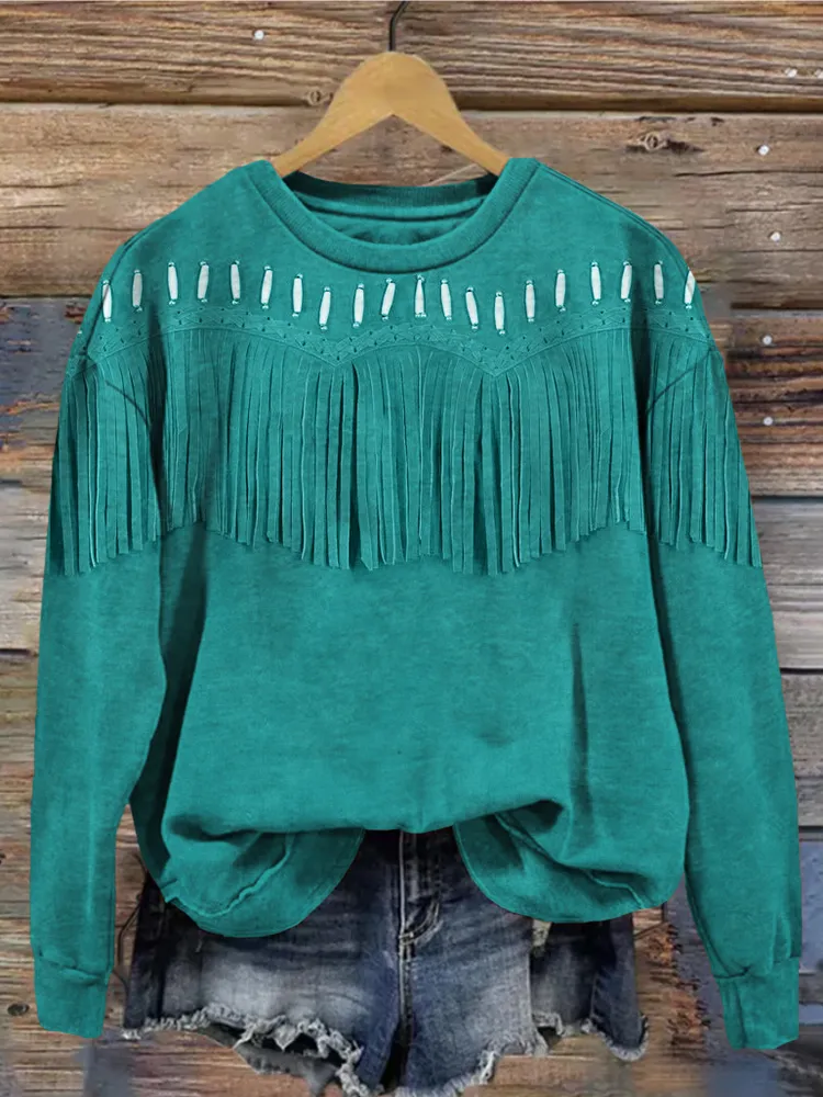 Western Leather Fringe Art Crew Neck Vintage  Sweatshirt