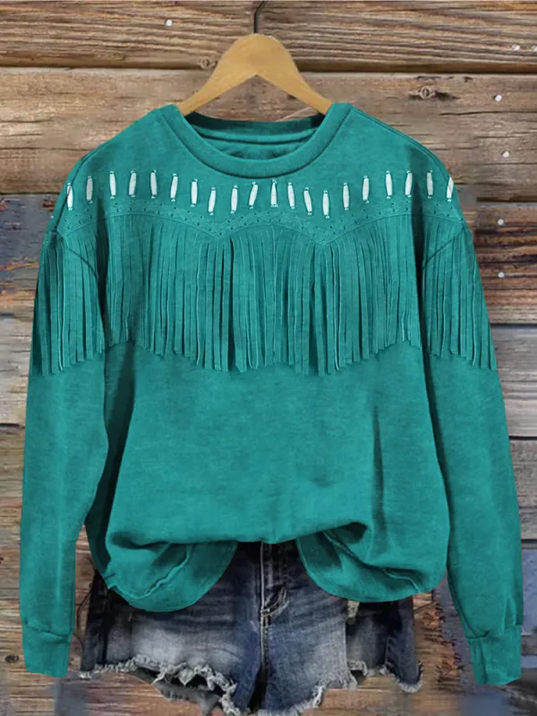 Western Leather Fringe Art Crew Neck Vintage  Sweatshirt