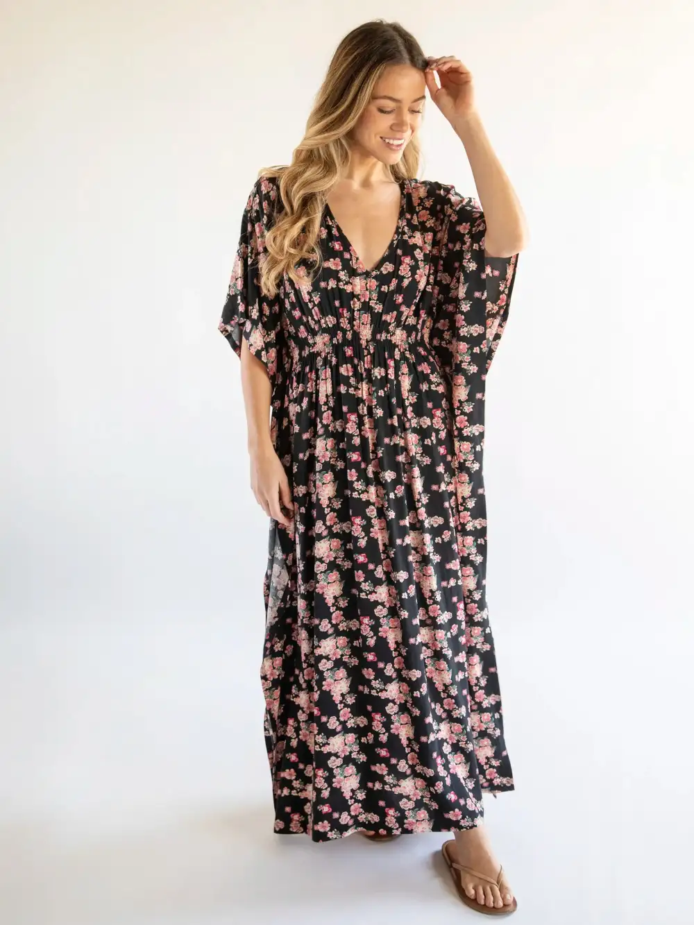 Sanibel Kaftan Maxi Dress - Black Light Pink Floral