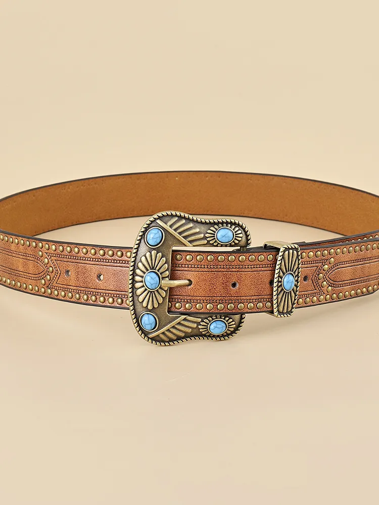 Vintage Western Turquoise Studded Leather Belt