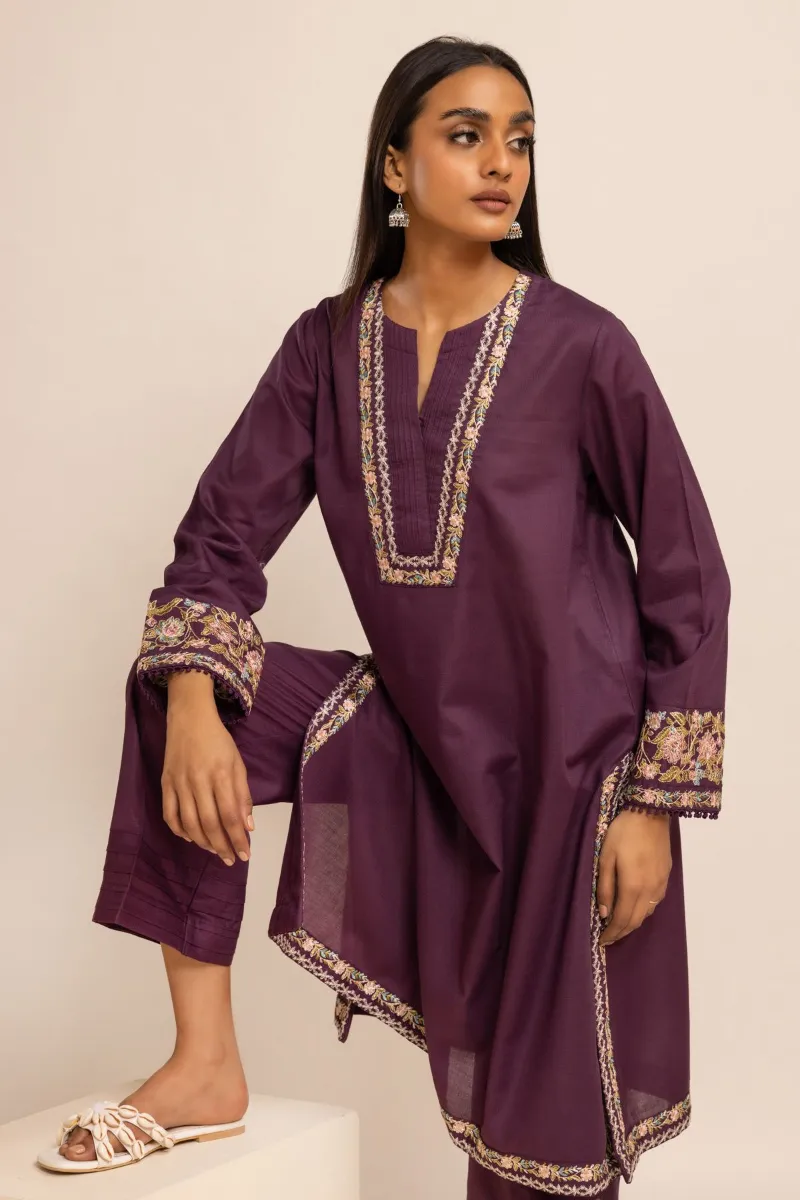 2 Piece Kurta | Embroidered & Pants |  Purple