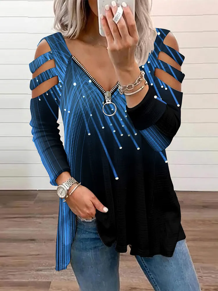 Western Abstract Print Off-The-Shoulder Long Sleeved Casual T-Shirt