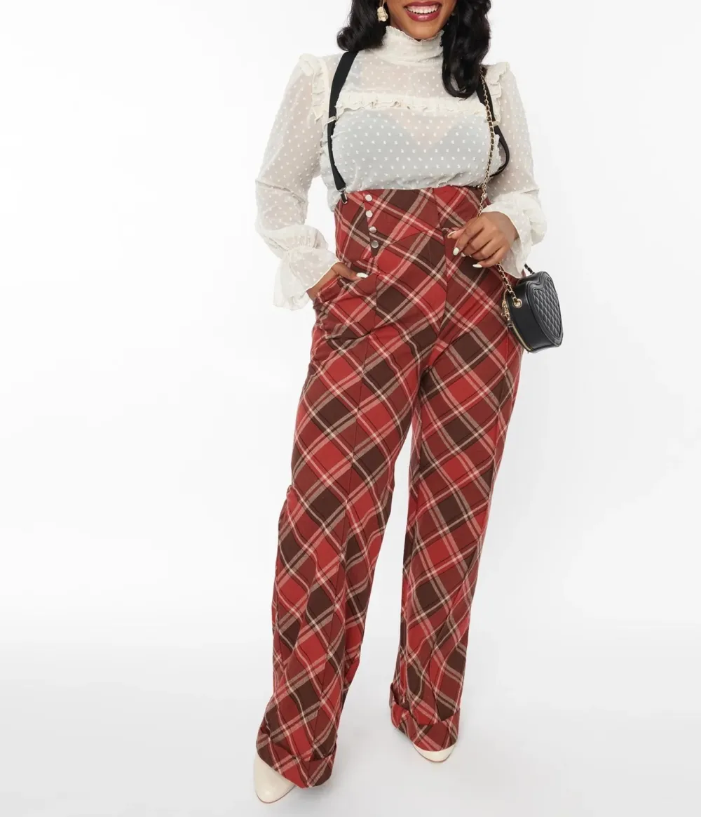 Unique Vintage 1940s Red & Brown Plaid Wide Leg Suspender Pants