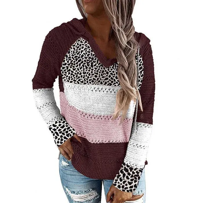 Fashion Hooded Leopard Stitched Knit Sweater