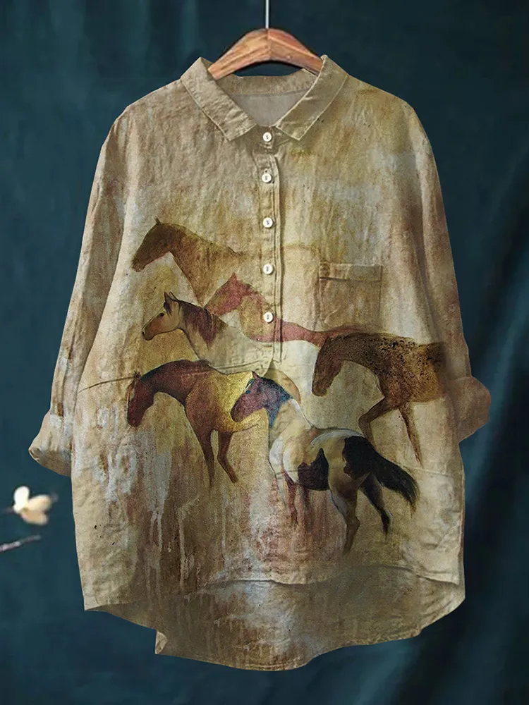 Women's Horse Art Print Casual Cotton and Linen Casual Shirt