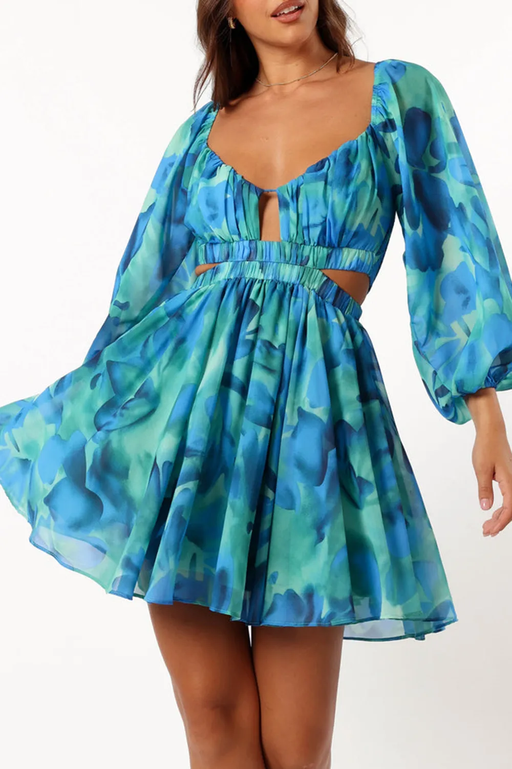 KATNISS LONG SLEEVE MINI DRESS - BLUE FLORAL