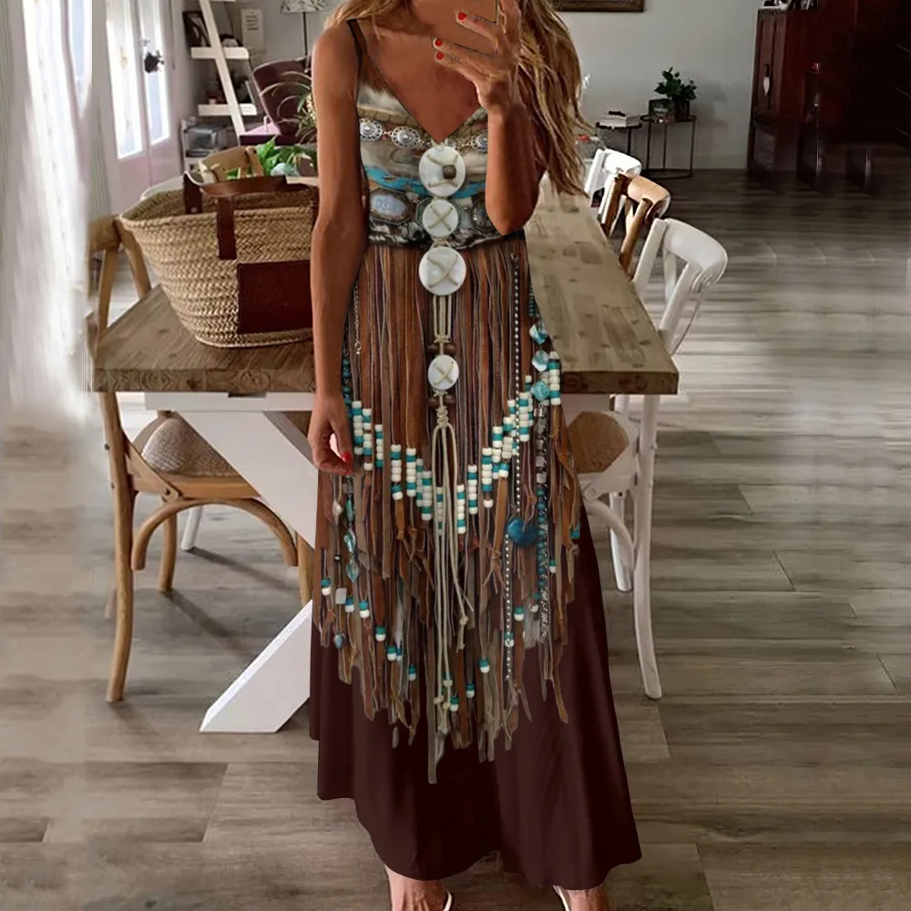 Vintage Western Tassel Print Slip Maxi Dress