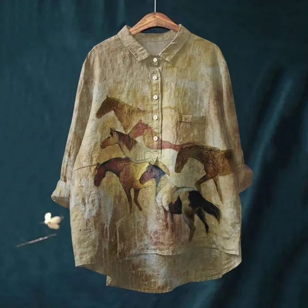 Women's Horse Art Print Casual Cotton and Linen Casual Shirt