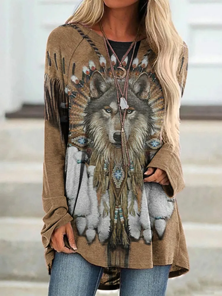 Western Wolf And Feather Print Long Sleeve Casual Tunic