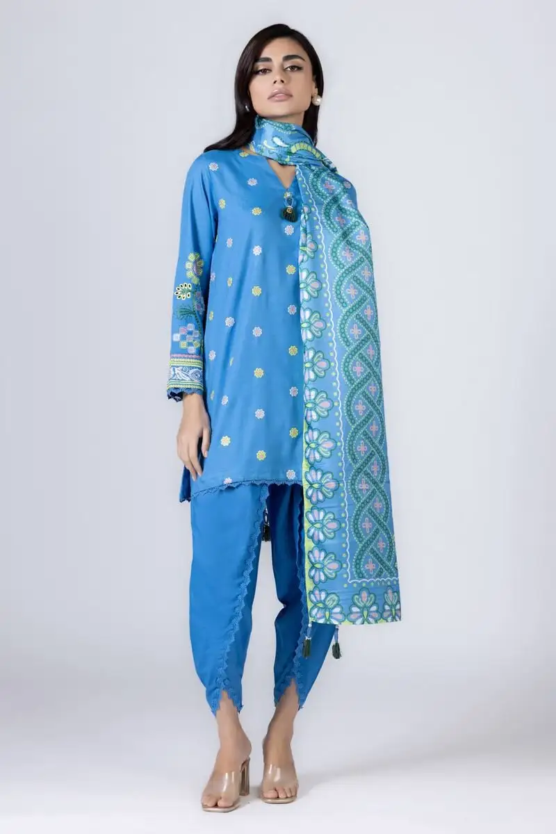 3 Piece Kurta Embroidered | Dupatta& Bottom & Tops | Color Blue