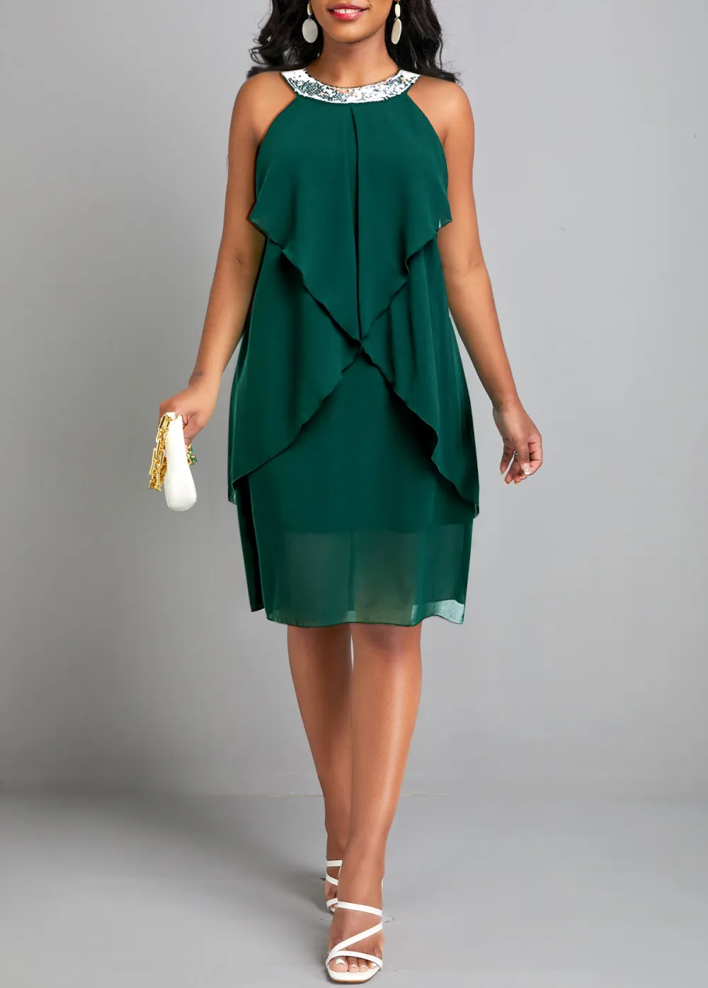 Green H Shape Round Neck Sleeveless Sequin Dress