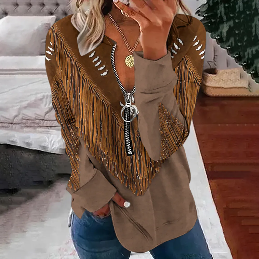 Vintage Western Fringe Print Long Sleeve Casual Sweatshirt