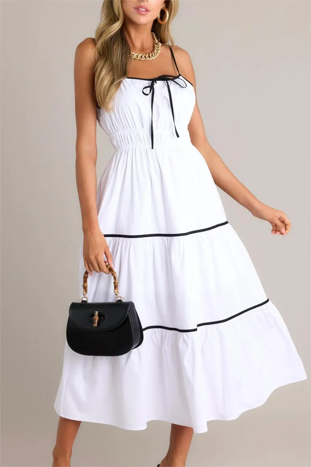 DELIGHTFUL DISCOVERIES WHITE TIERED MIDI DRESS