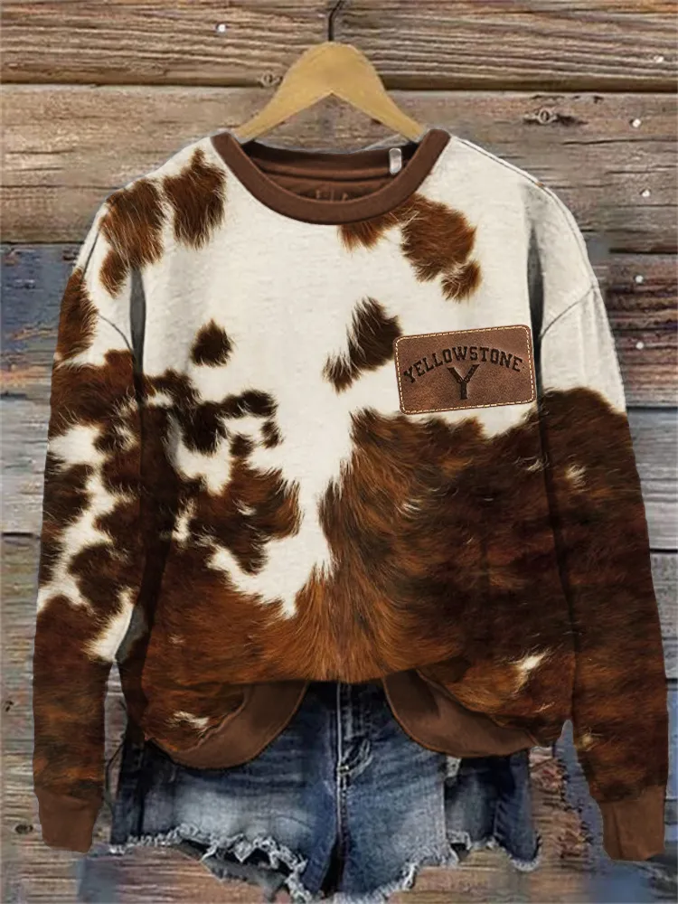 Western Logo Leather Patch Cowhide Cozy Sweatshirt