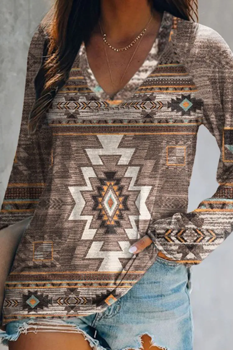 Vintage Western Print V Neck Casual T-Shirt