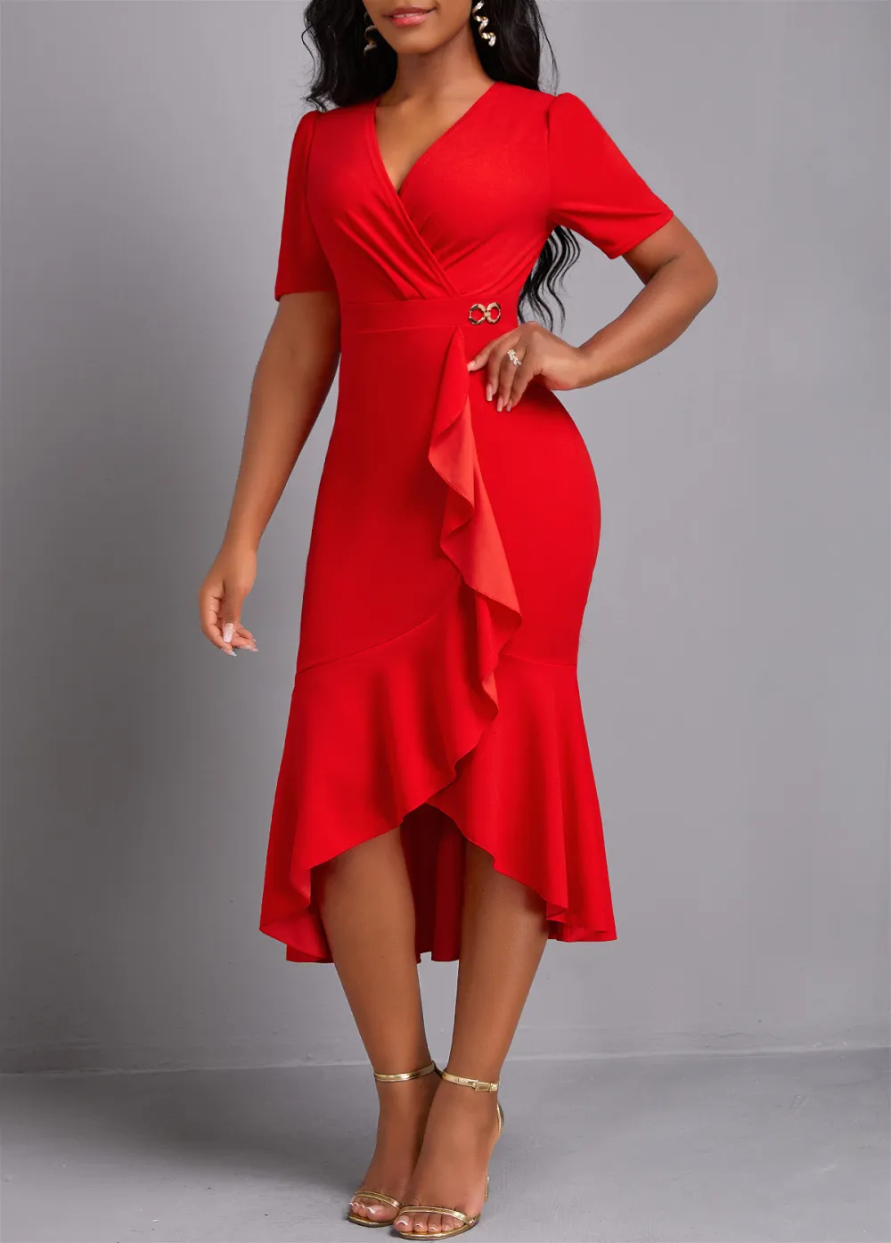 V Neck Red High Low Mermaid Dress