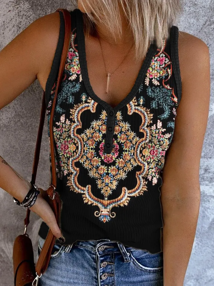 Boho Ethnic Floral Pattern Button Up Tank Top