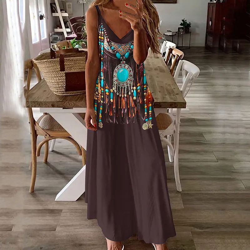 Western Vintage Tribal Tassels Sleeveless Maxi Dress