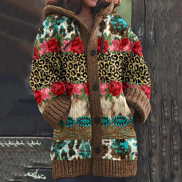 Vintage Western Printed Knitted Hooded Cardigan