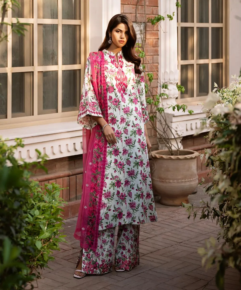 3 Piece - Embroidered Cotton Satin Suit