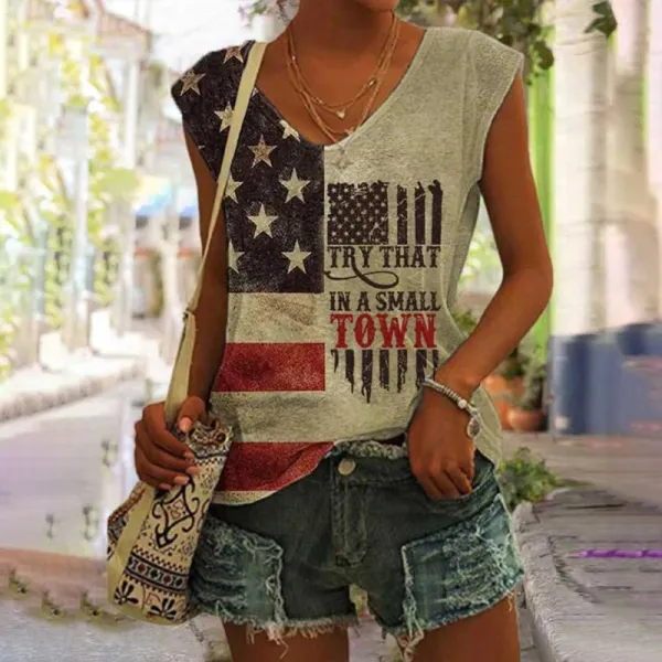 Try That In A Small Town American Flag Print Tank Top