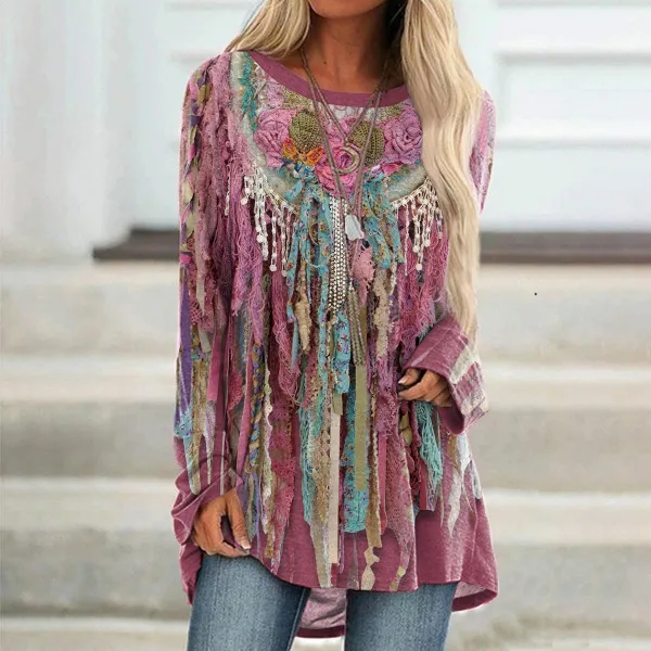 Western Fringed Print Round Neck Casual Tunic