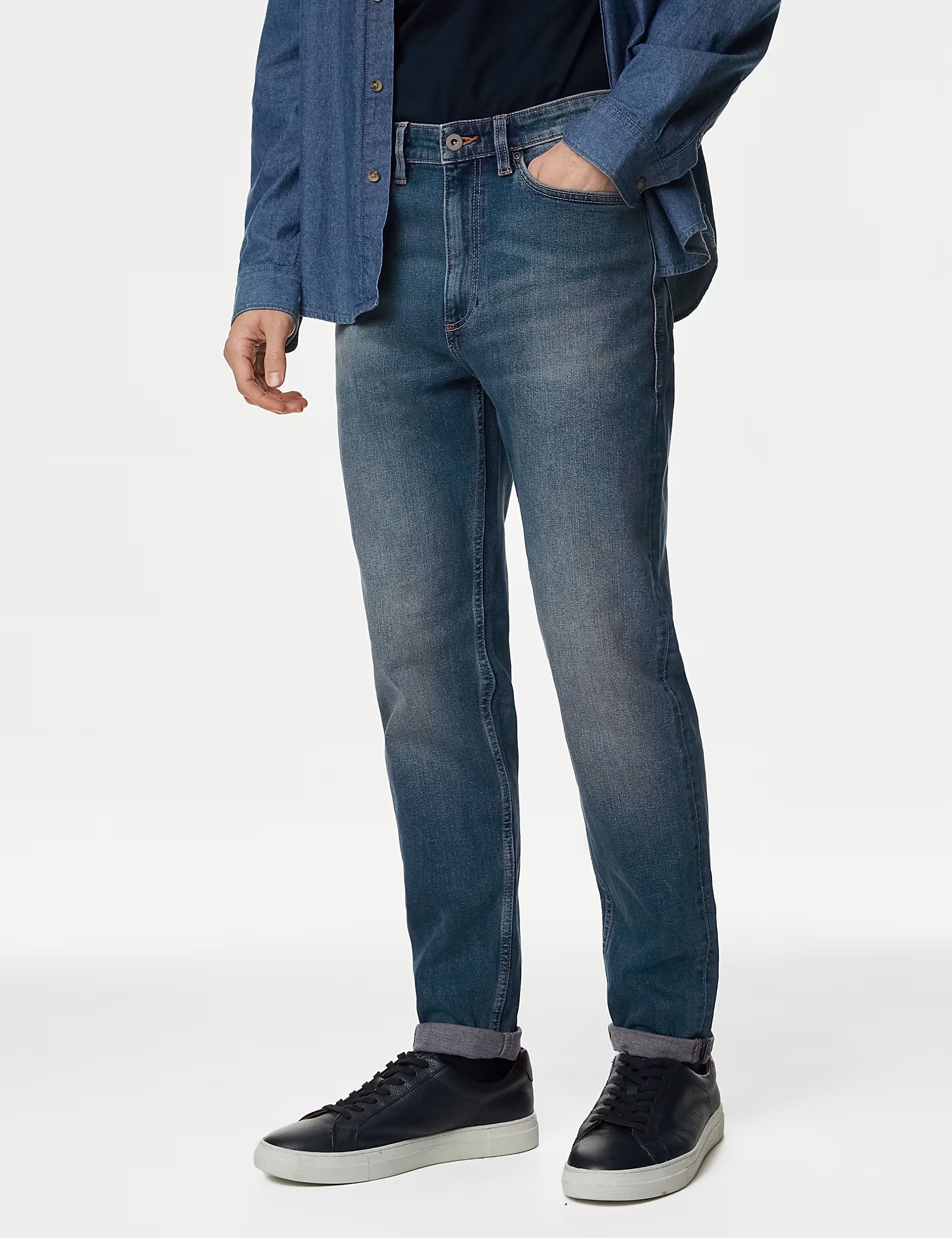 Tapered Fit Vintage Wash Stretch Jeans