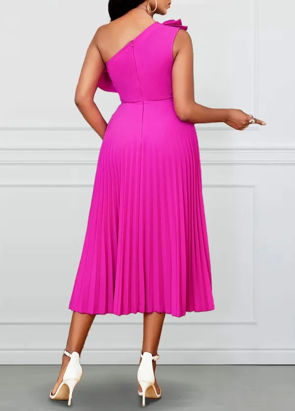 Sleeveless Pleated Hot Pink One Shoulder Dress