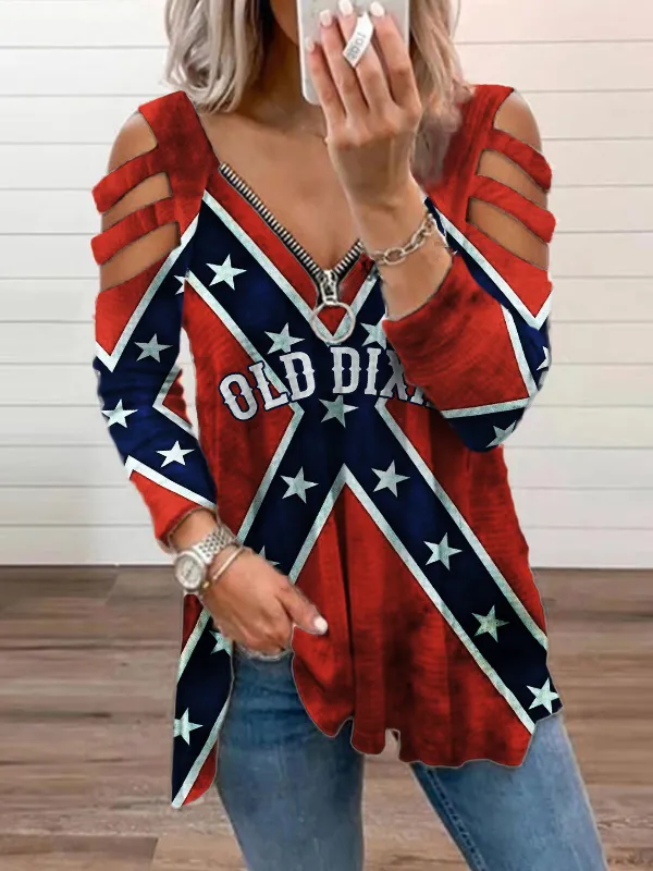 Southern Old Dixie Rebel Flag Hollow Shoulder T Shirt