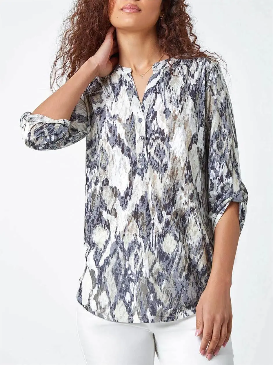 Grey Textured Animal Print V-Neck Stretch Shirt