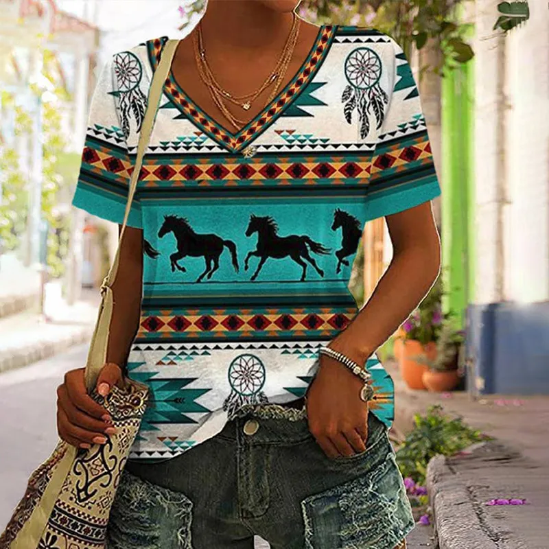 Western Ethnic Print V-Neck Short Sleeved T-Shirt