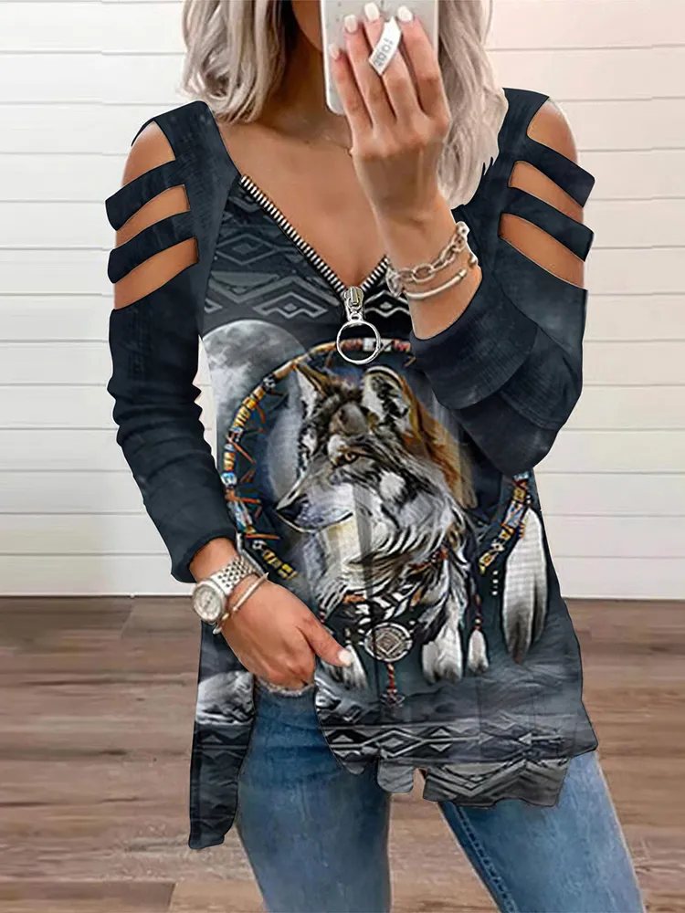 Western Tribal Wolf And Moon Printed Zip Up Casual T-Shirt