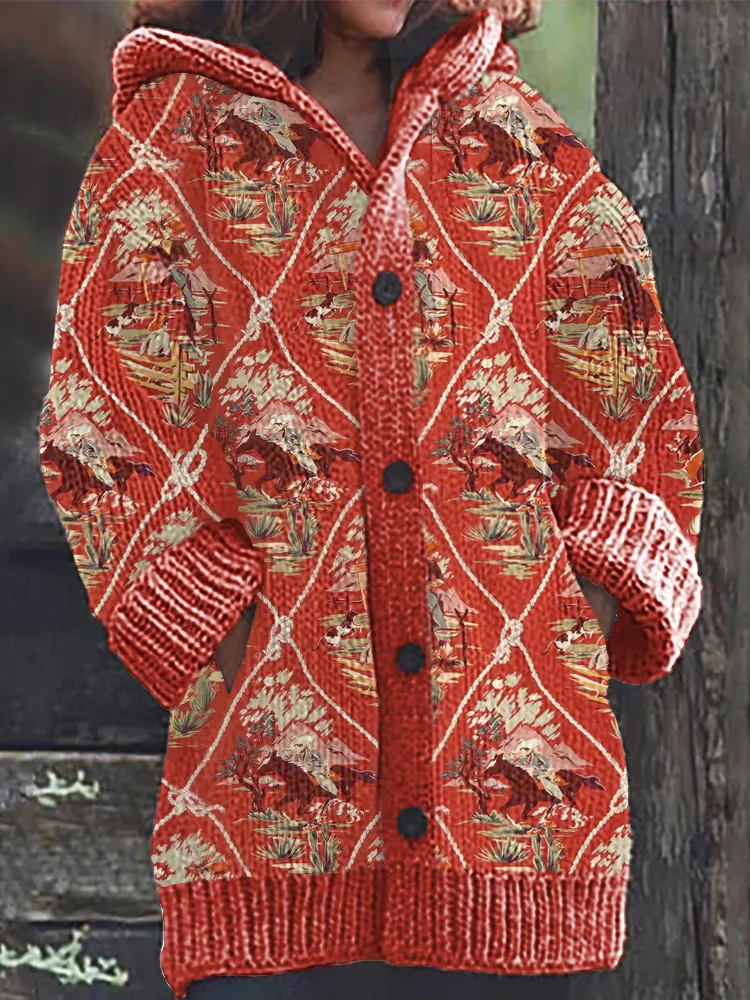 Vintage Western Pattern Cozy Knit Hooded Cardigan