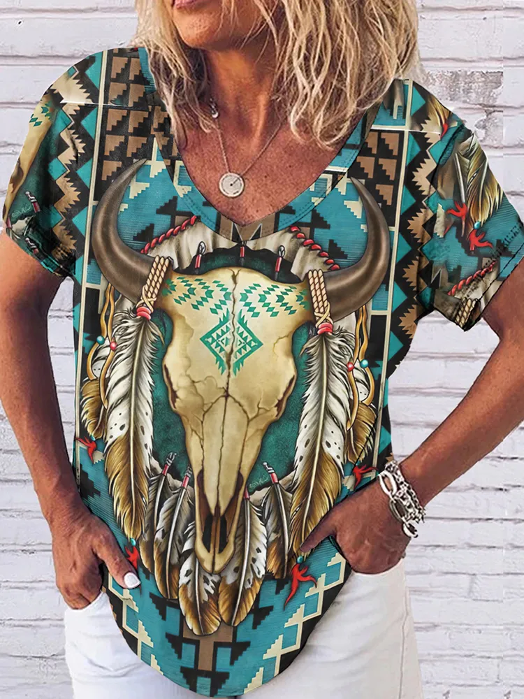 Vintage Western Print V Neck Short Sleeve T-Shirt