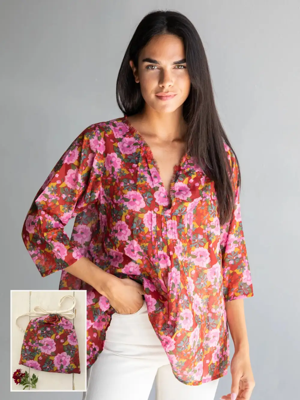 Cotton Tunic-In-A-Bag - Pink Red Floral