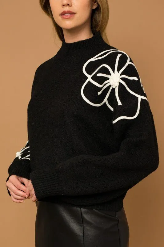 Flower Embroidered Mock Neck Sweater