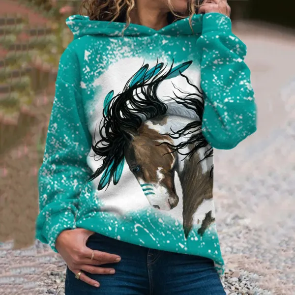 Western Horse Print Long Sleeve Hoodie