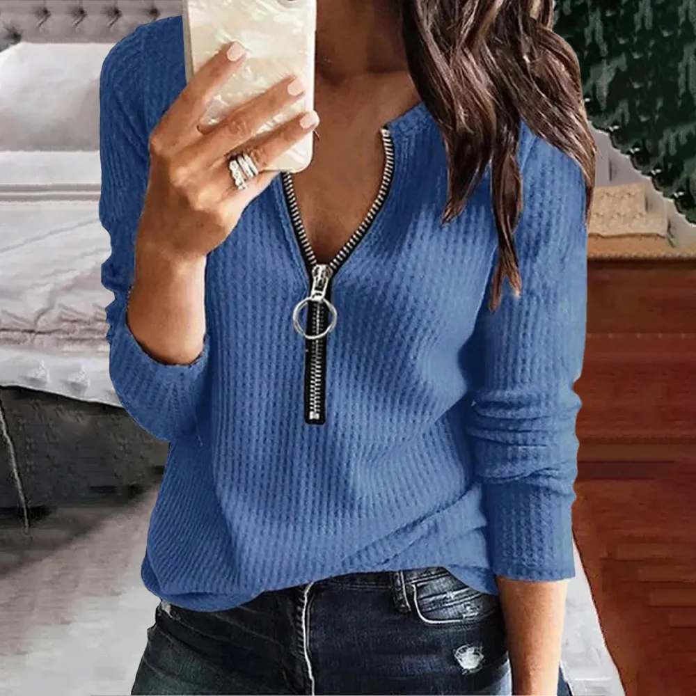 Solid Color V-Neck Zipper Long Sleeved Casual T-Shirt