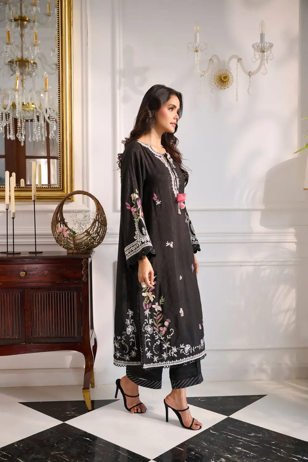 BLACK 3PCS  EMBROIDERED KURTA WITH TROUSER