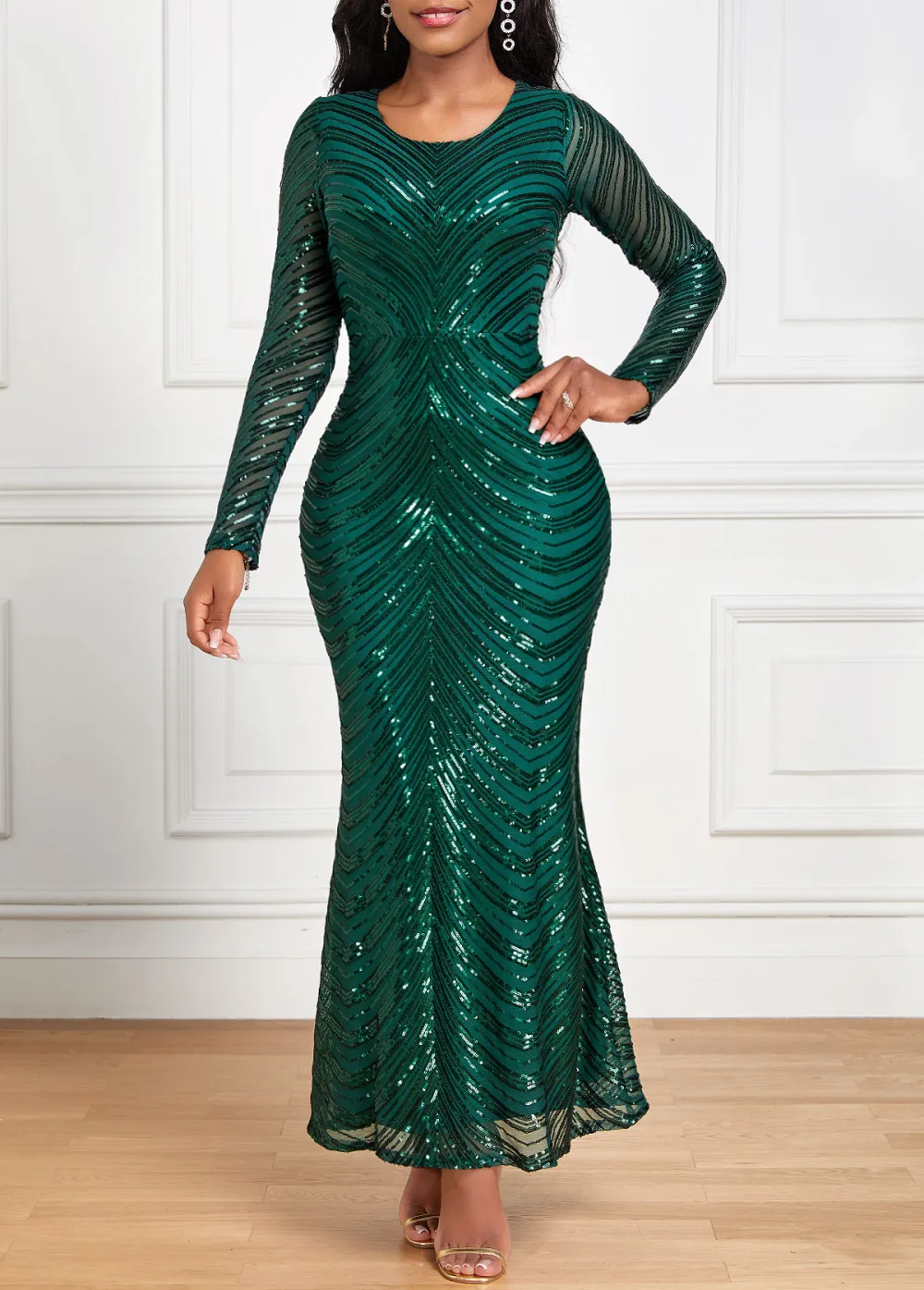 Sequin Round Neck Blackish Green Maxi Bodycon Dress