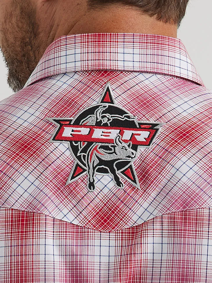 MEN'S WRANGLER® PBR® LOGO LONG SLEEVE PLAID WESTERN SNAP SHIRT IN RED TAN