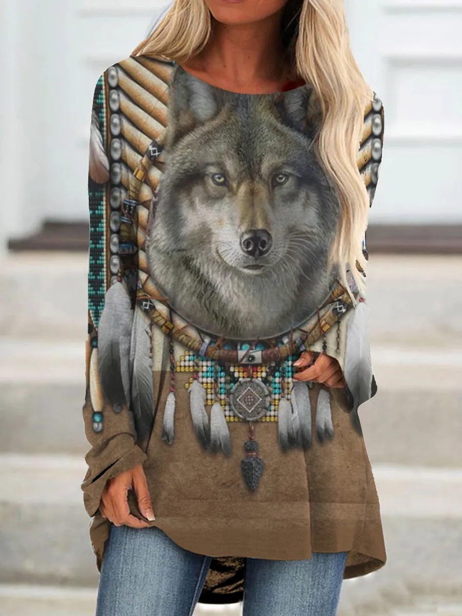 Western Wolf Art Print A-Line T-Shirt