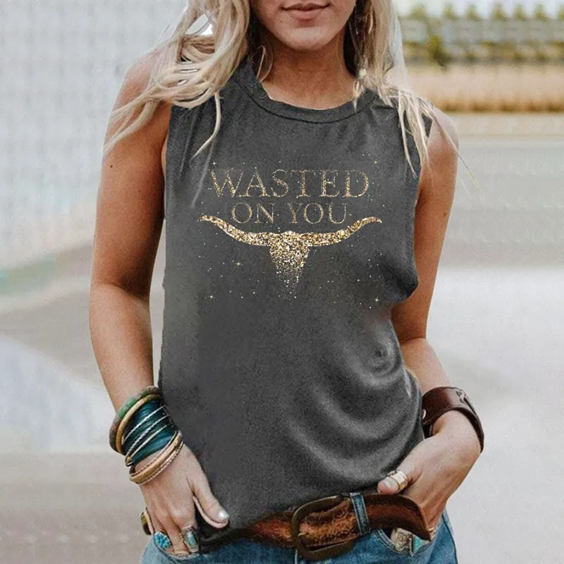 Wasted On You Up Down Print Round Neck Tank Top