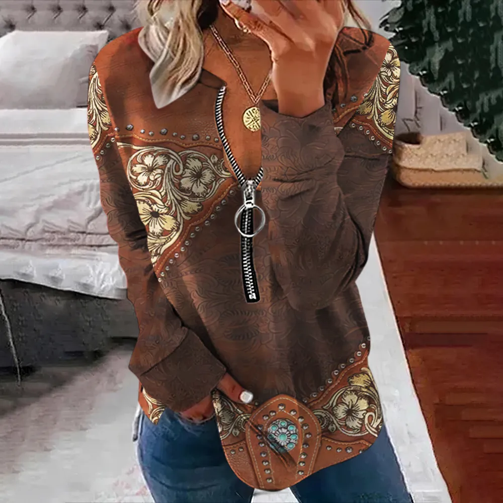 Tribal Printed Zip Up V Neck Sweatshirt